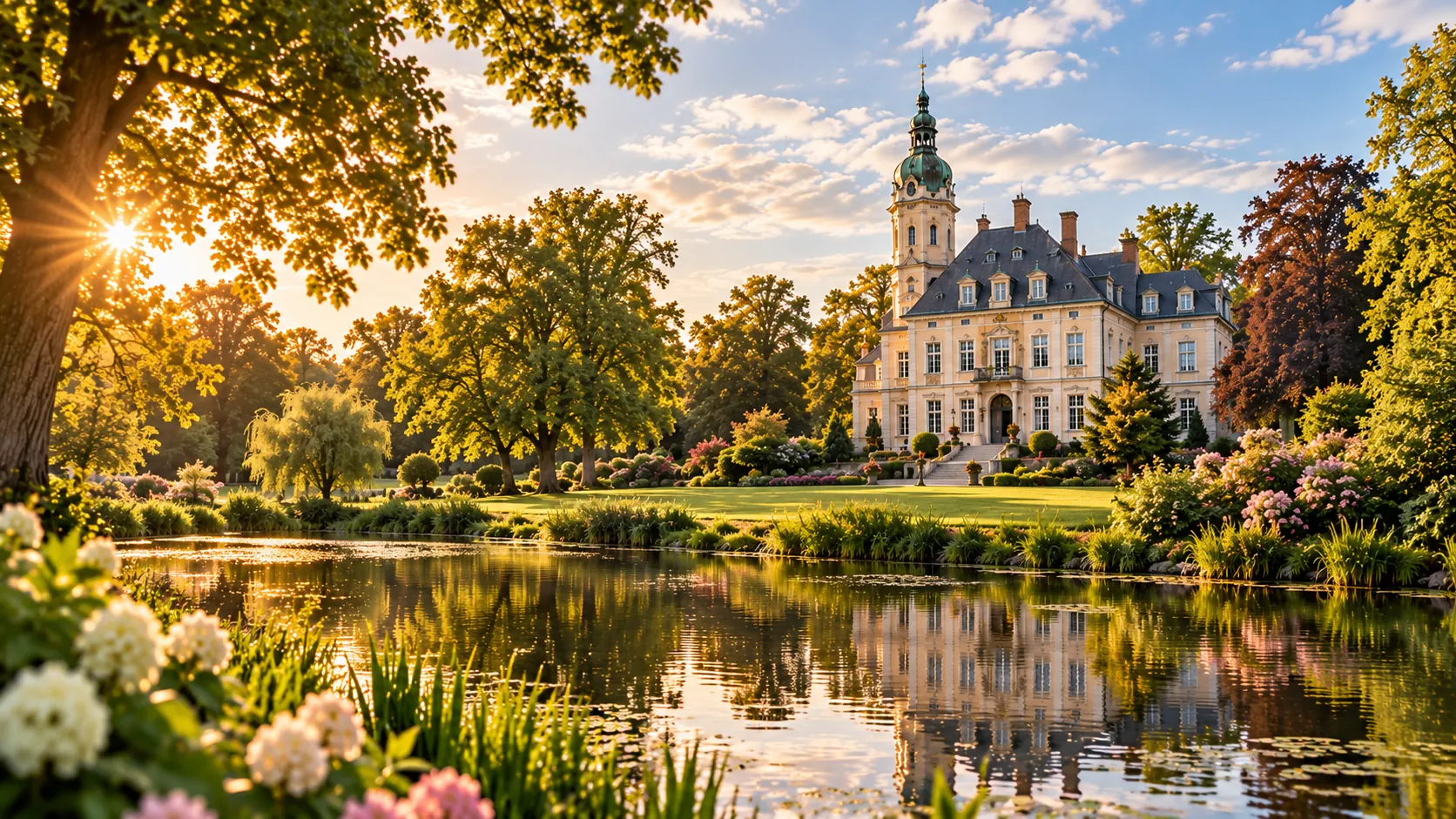Illustrative Parklandschaft mit historischem Gebäude; kein dokumentarisches Rastede-Foto